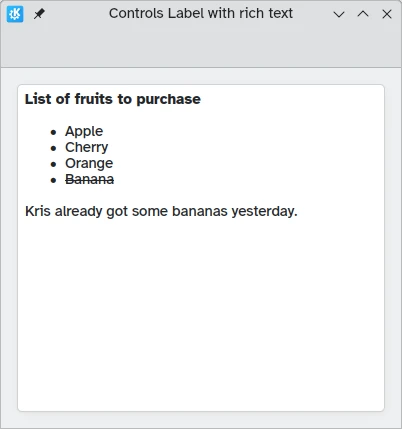 Una Label que contiene una lista de frutas que usan etiquetas HTML, como párrafo, lista desordenada y textos en negrita