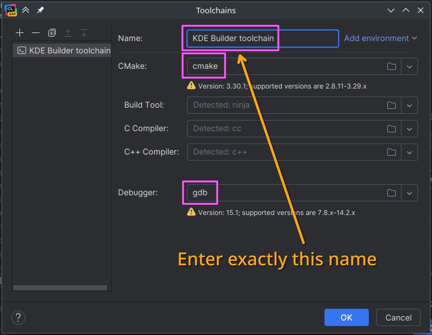 Toolchains window