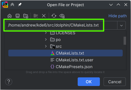 Selecting cmakelists in Open File or Project window