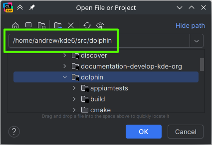Selecting directory in Open File or Project window