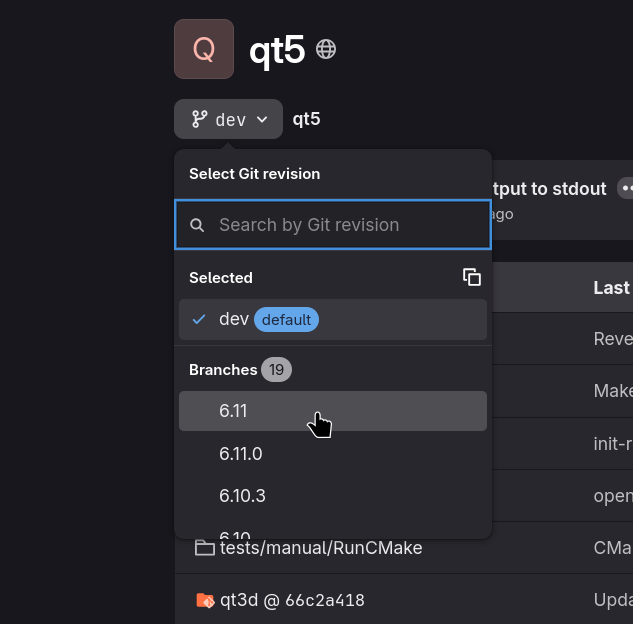 A screenshot of the main page of the Qt repository mirror showing the branch list that appears once you click on the combobox that has 'dev' written on it.