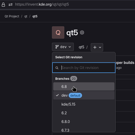 A screenshot of the main page of the Qt repository mirror showing the branch list that appears once you click on the combobox that has 'dev' written on it.