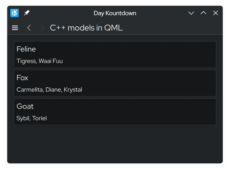 A screenshot of the C++ models in QML page showing a list of characters organized per species