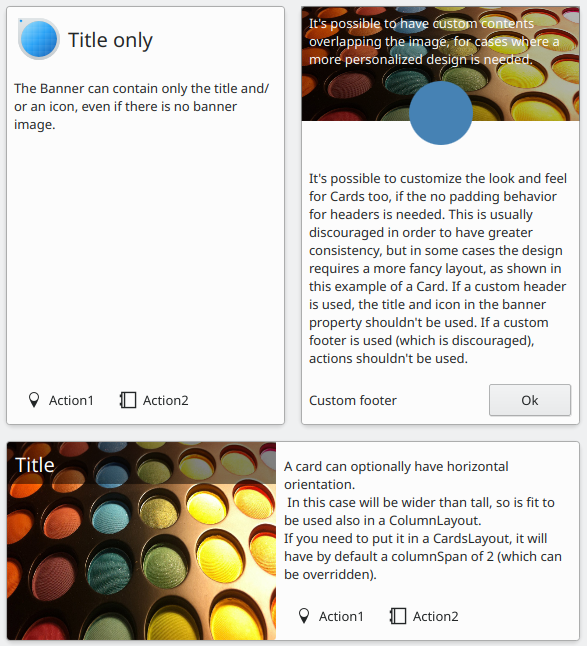 Screenshot of a CardsLayout showing two side by side cards in portrait orientation on top of a card in landscape orientation, all with different components being used