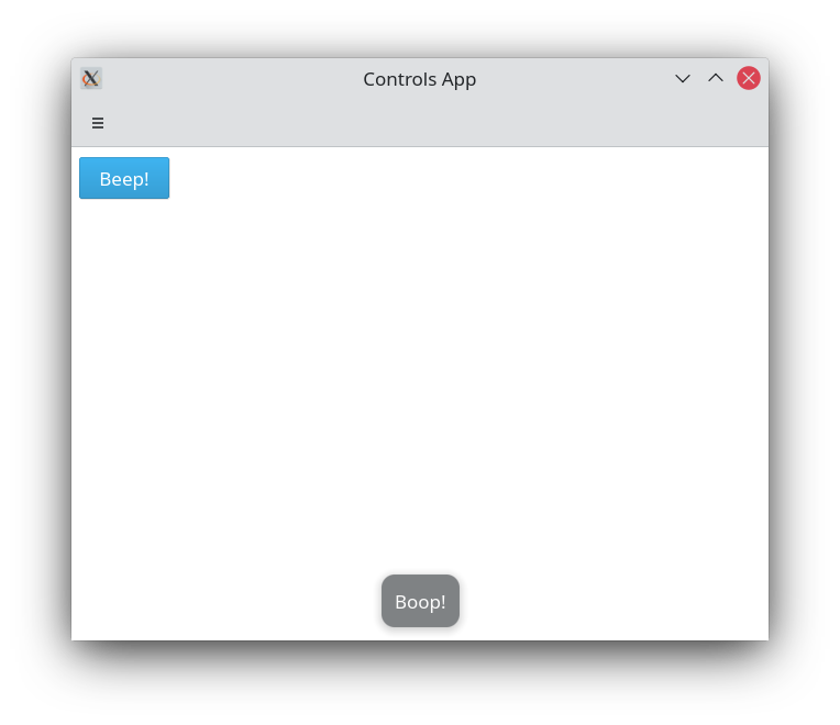 Una finestra que conté un botó «Beep» a la part superior esquerra, que quan s'hi fa clic mostra una notificació passiva «Boop» a la part inferior de la finestra