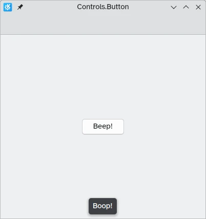 Una finestra que conté un botó «Beep» en el centre, que quan s'hi fa clic mostra una notificació passiva «Boop» a la part inferior de la finestra