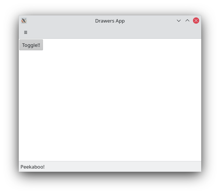 Вікно, що містить кнопку-перемикач «Toggle», яка після перемикання показує текст «Peekaboo» у області contentItem, зокрема на смужці стану