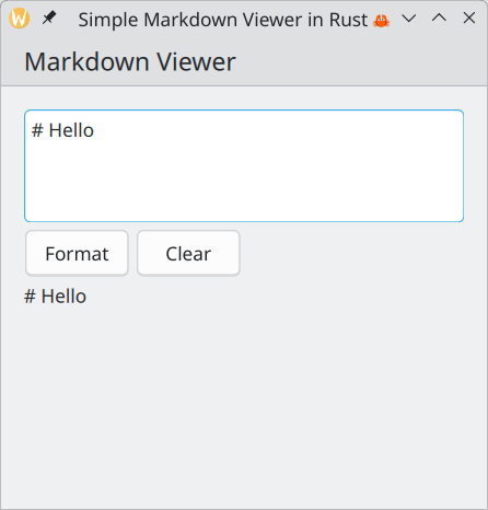 A screenshot of the application showing a text area with two buttons Format and Clear beneath it. The text area has the text "# Hello", yet the text below the buttons shows the same text, unformatted.