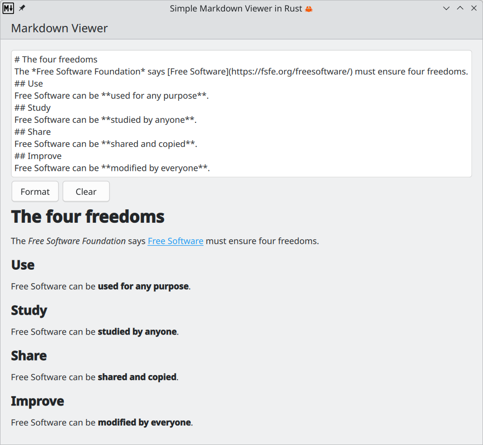A screenshot of the application showing the custom window icon and the Free Software foundation definition of the four freedoms. Beneath it, the text is fully formatted in Markdown.