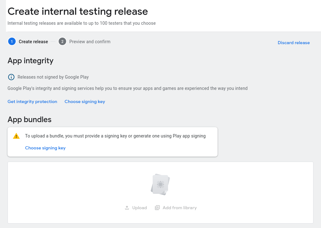 Screenshot showing the 'Create internal testing release' form with request to choose a signing key