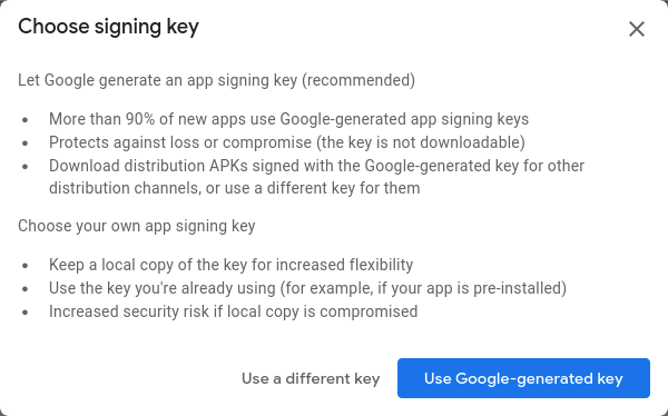 Screenshot showing 'Choose signing key' choice