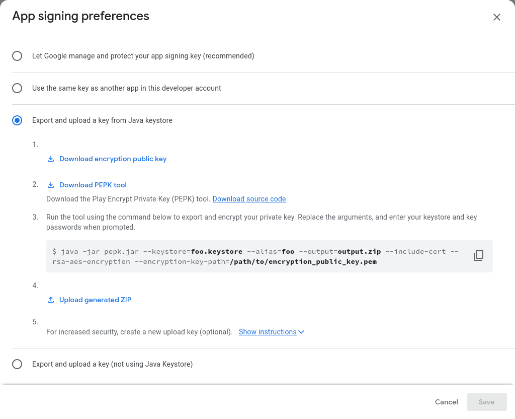 Screenshot showing 'App signing preferences' form