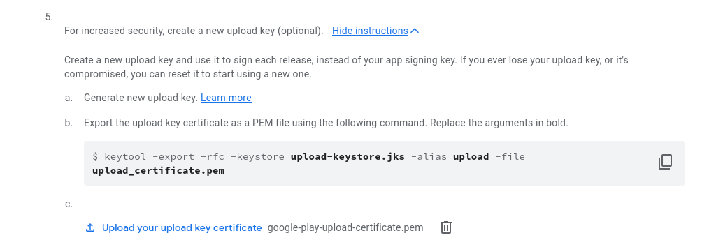 Screenshot showing instructions for uploading an upload key certificate