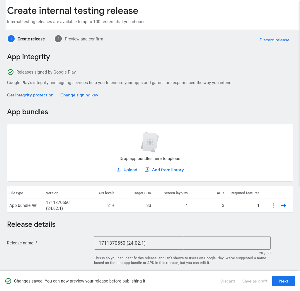 Screenshot showing the 'Create internal testing release' form after uploading an app bundle
