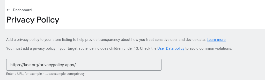 Screenshot showing the 'Privacy Policy' form