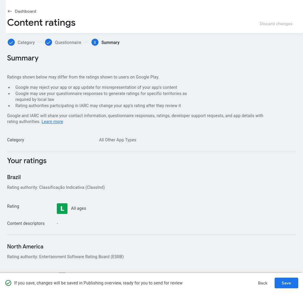 Screenshot showing the summary of the 'Content ratings' questionnaire