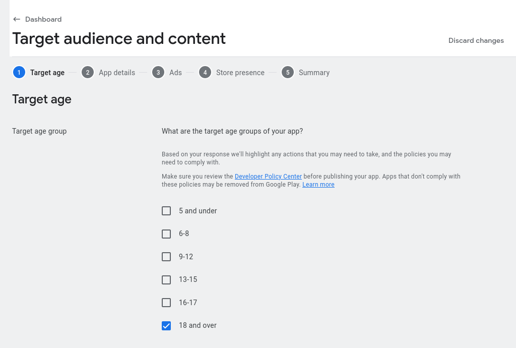 Screenshot showing the question about the target age of the 'Target audience and content' questionnaire