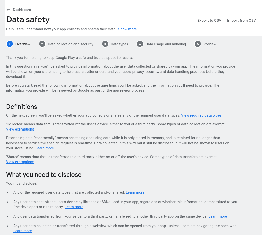 Screenshot showing the 'Overview' page of the 'Data safety' questionnaire