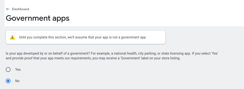 Screenshot showing the question whether KTrip was developed by or on behalf of a government
