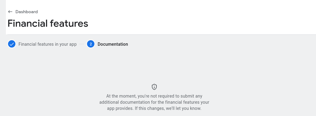 Screenshot showing which additional documentation for the financial features we need to submit