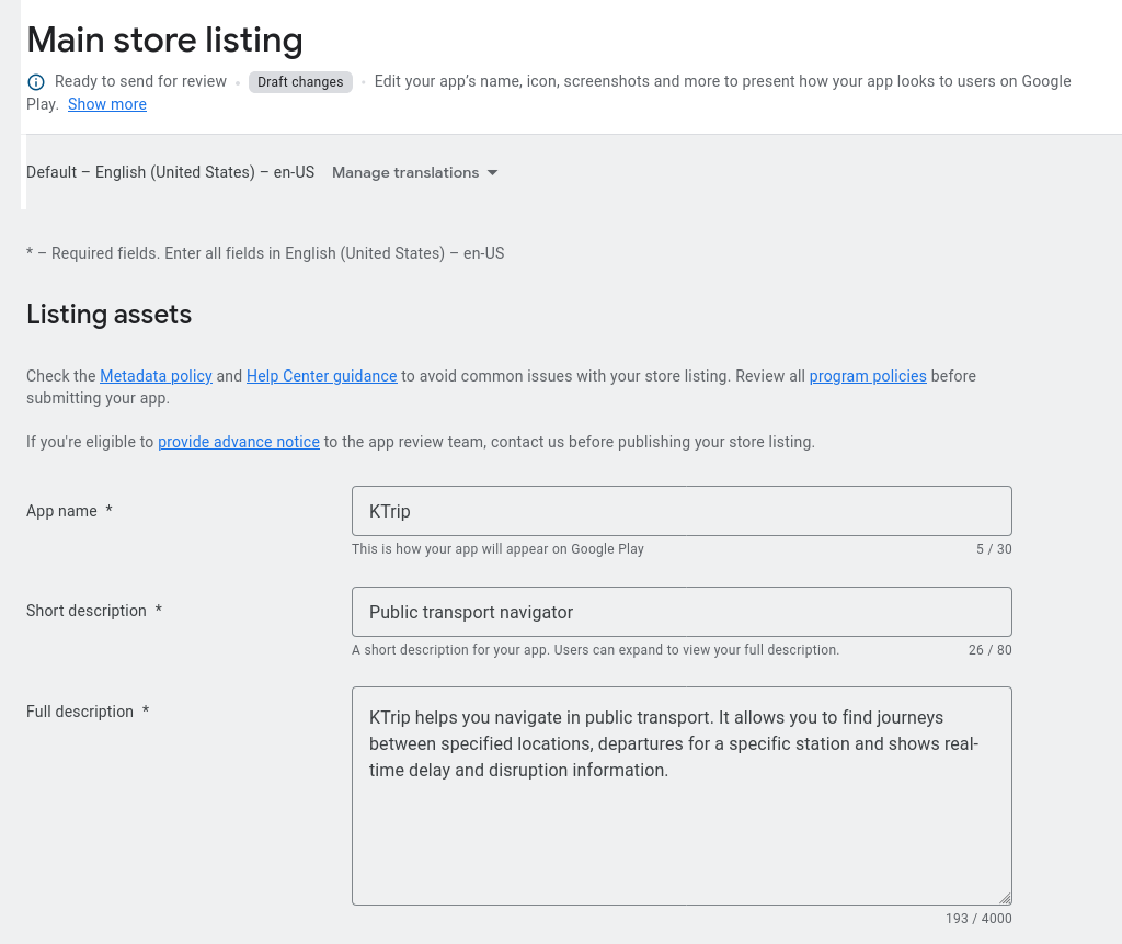Screenshot showing the 'Listing assets' form of the 'Main store listing'