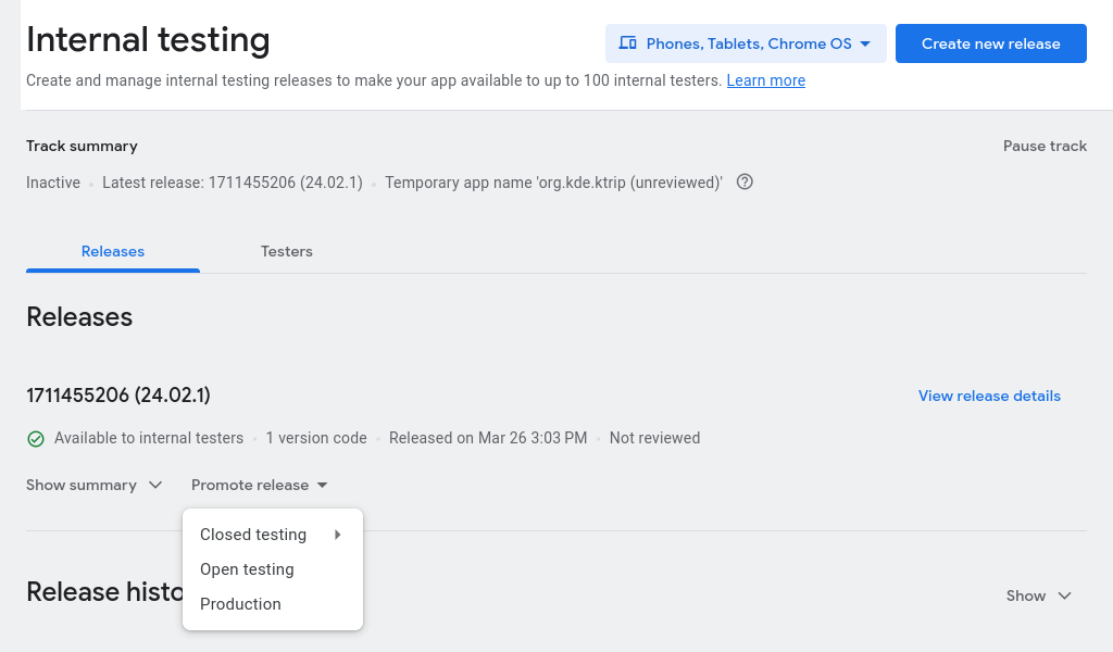 Screenshot showing the 'Internal testing' page with 'Promote release' pop-up