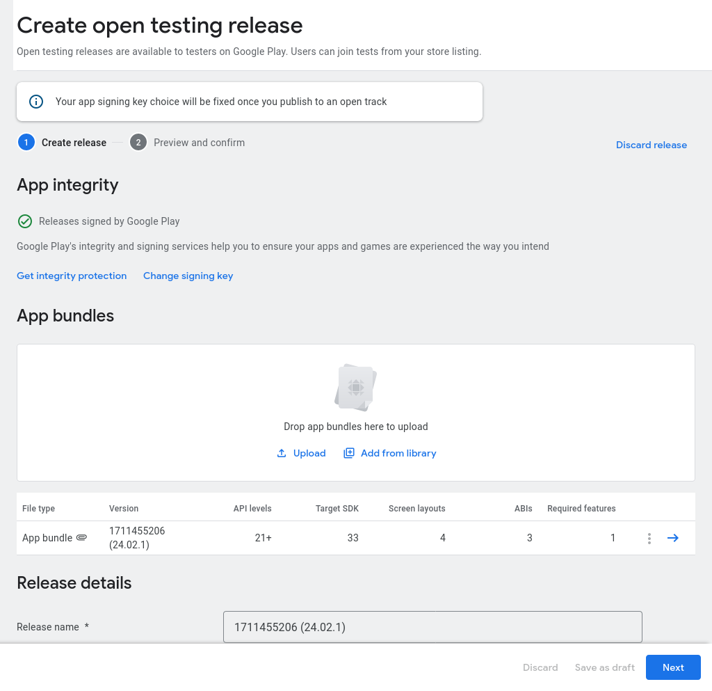Screenshot showing the 'Create open testing release' form with the promoted internal release