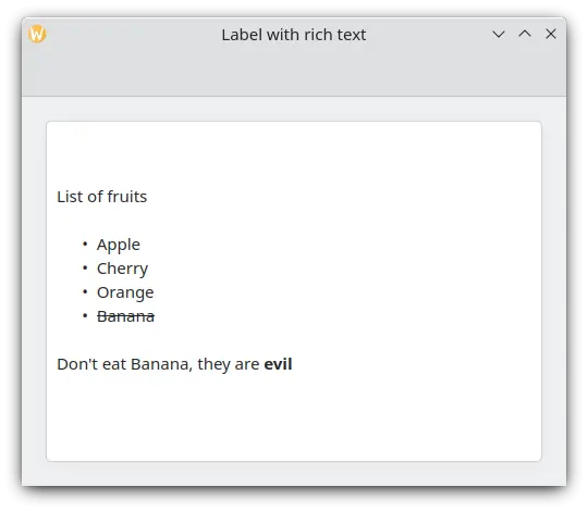 Uma Label que contém uma lista de frutas, usando marcas de HTML como os parágrafos, listas não ordenadas e tipos de letra a negrito